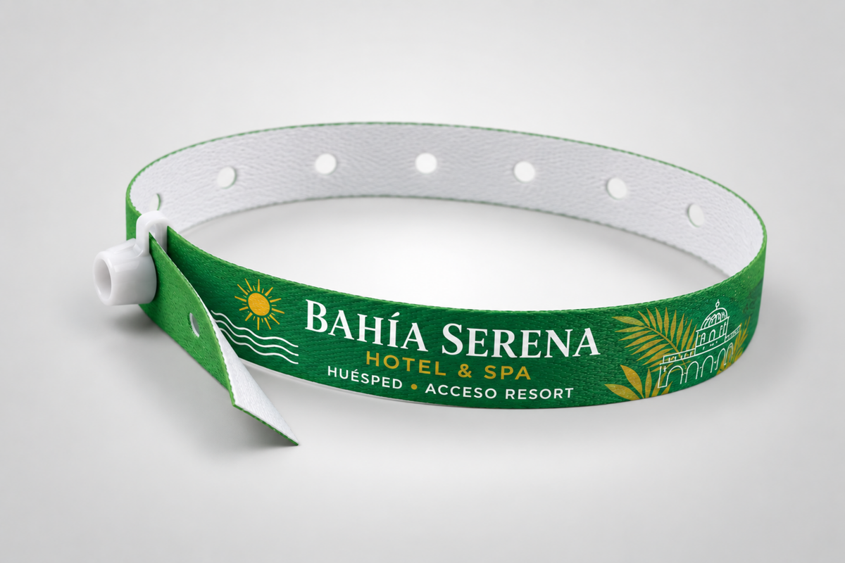 Zaļa auduma aproce ar baltu spiedpogas aizdari un apdrukātu viesnīcas logo