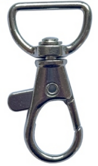 Silver metal swivel hook attachment for a lanyard.