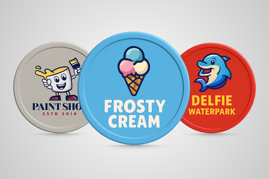 Drukāti plastmasas žetoni ar pielāgotu JM Band® logotipu.