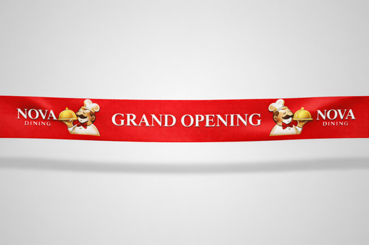 Sarkana inaugurācijas lente ar pielāgotu krāsu apdruku no JM Band®.