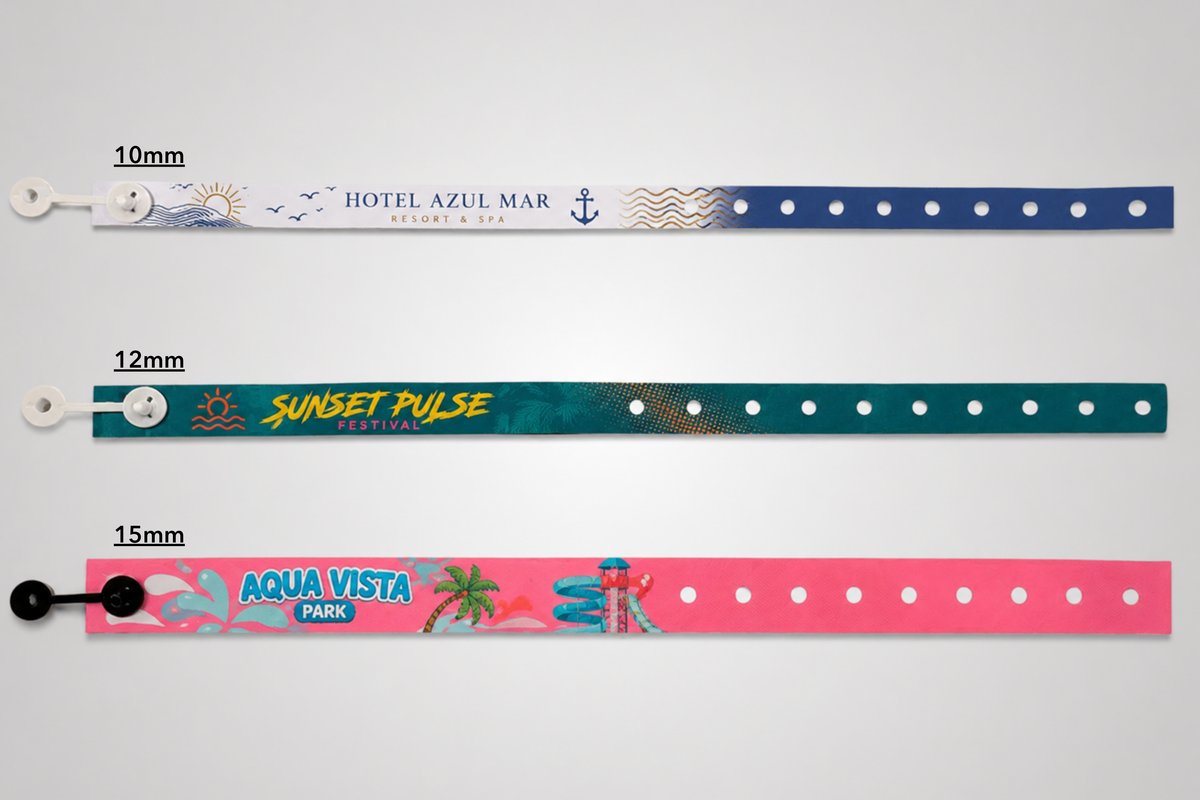 10mm, 12mm and 15mm festival wristbands with button lock