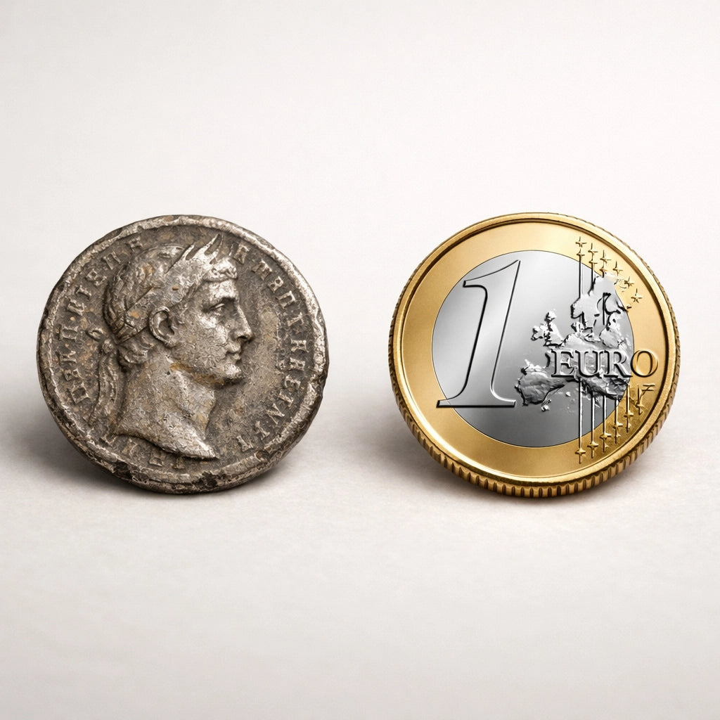 Dažādu metāla monētu kolekcija, kurā attēloti dažādi materiāli un sastāvs.