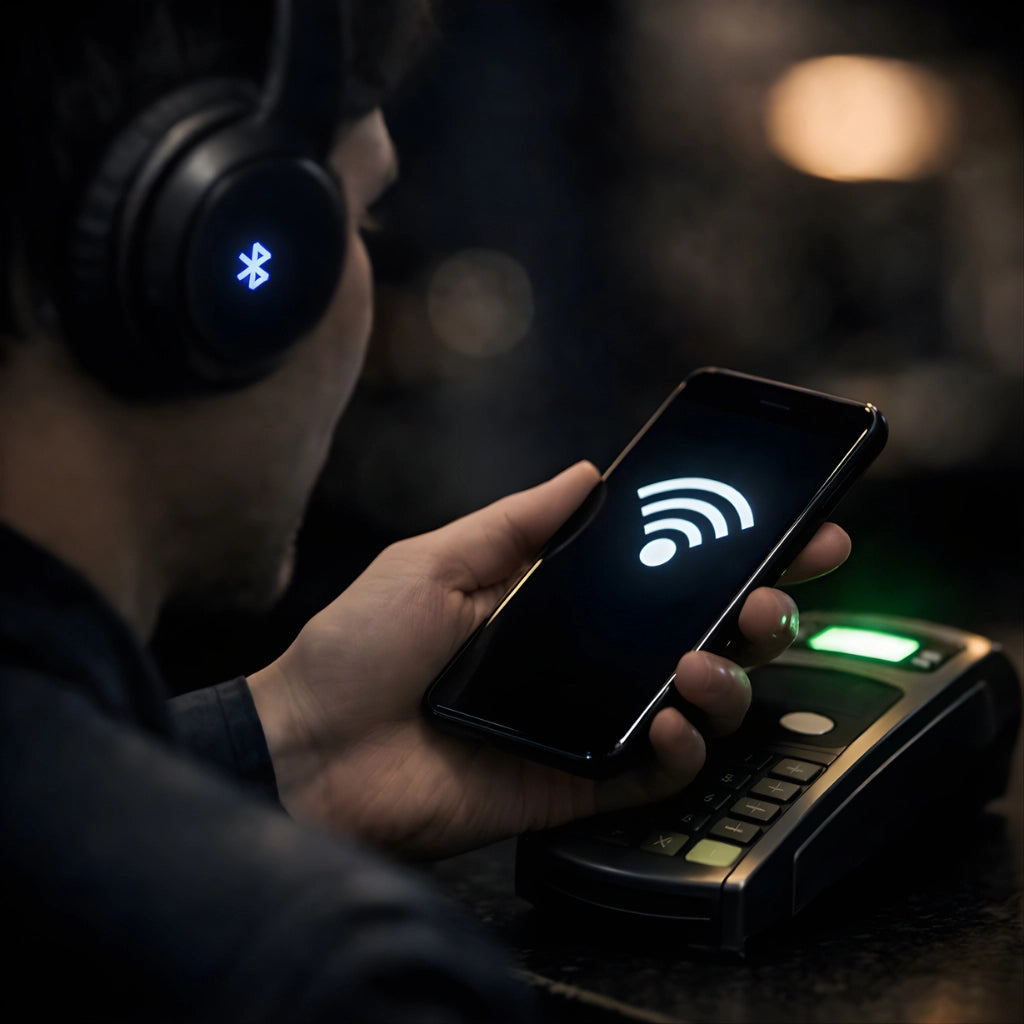 Ilustrācija, kurā paskaidrota tuvā darbības lauka sakaru (NFC) tehnoloģija.