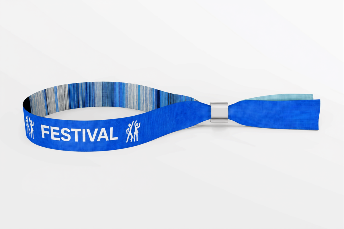 Zila austa auduma aproce ar baltu festivāla logo