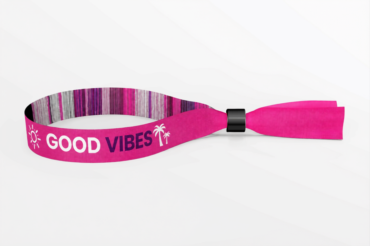 Rozā austa auduma aproce ar ieaustu Good Vibes uzrakstu